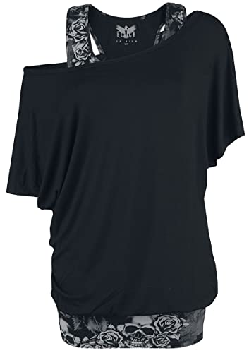 Black Premium by EMP Damen grau-schwarzes T-Shirt im Double-Layer-Look mit Totenkopf-Print 3XL von Black Premium by EMP