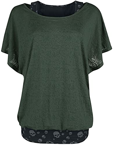 Black Premium by EMP Damen schwarz-grünes T-Shirt im Double-Layer-Look mit Totenkopf-Print 3XL von Black Premium by EMP