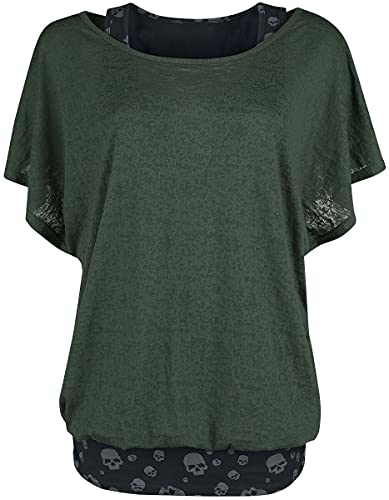 Black Premium by EMP Damen schwarz-grünes T-Shirt im Double-Layer-Look mit Totenkopf-Print 4XL von Black Premium by EMP