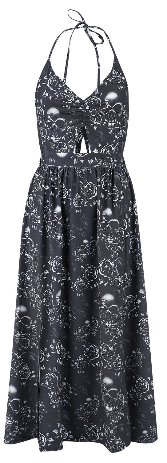 Black Premium by EMP Kleid lang - Double Slit Dress with Roses and Skulls - S bis XXL - für Damen - Größe L - schwarz von Black Premium by EMP