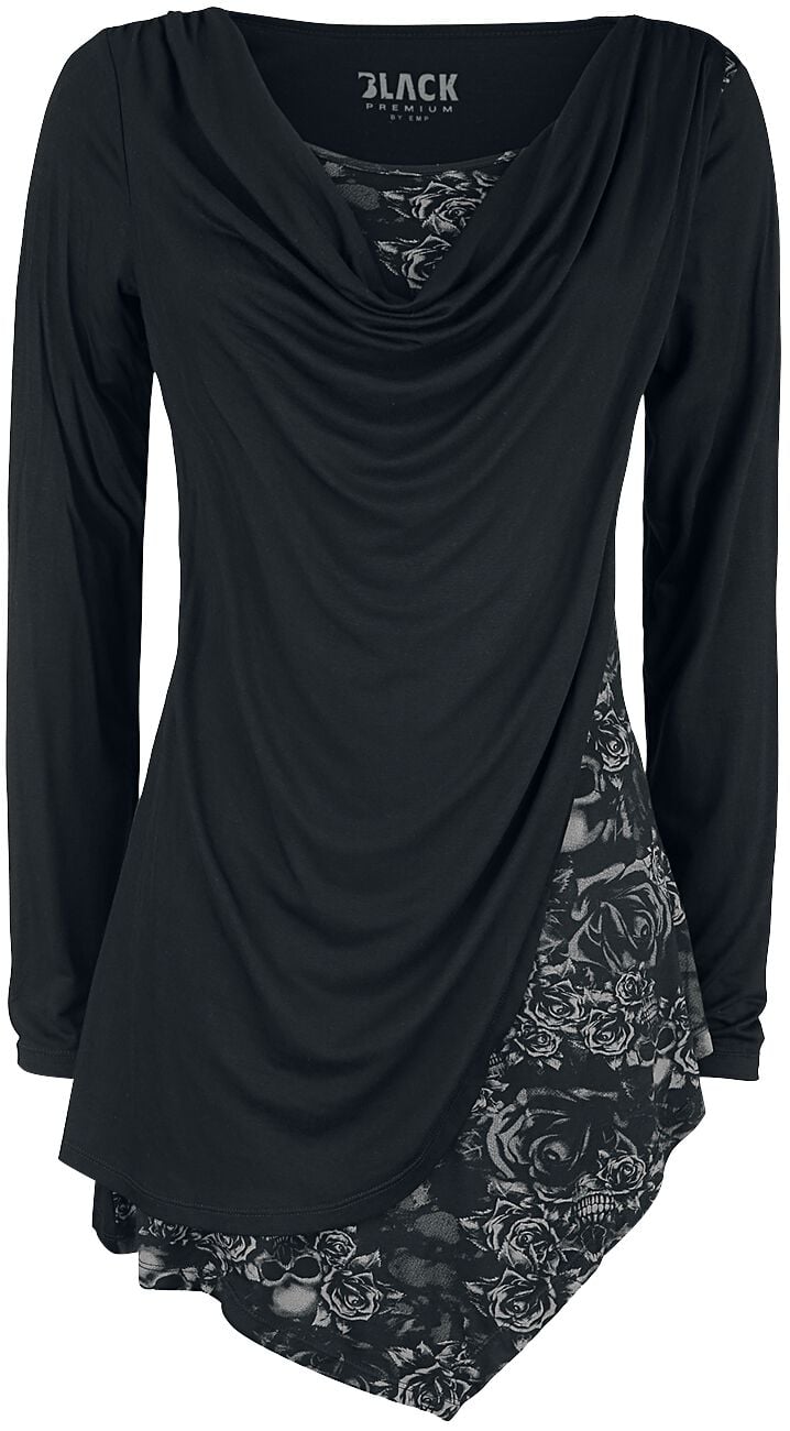 Black Premium by EMP Schwarzes Langarmshirt mit Wasserfallausschnitt und Print Langarmshirt schwarz in M von Black Premium by EMP