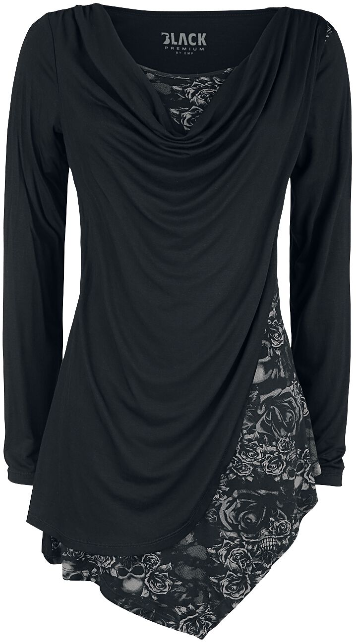 Black Premium by EMP Schwarzes Langarmshirt mit Wasserfallausschnitt und Print Langarmshirt schwarz in XL von Black Premium by EMP