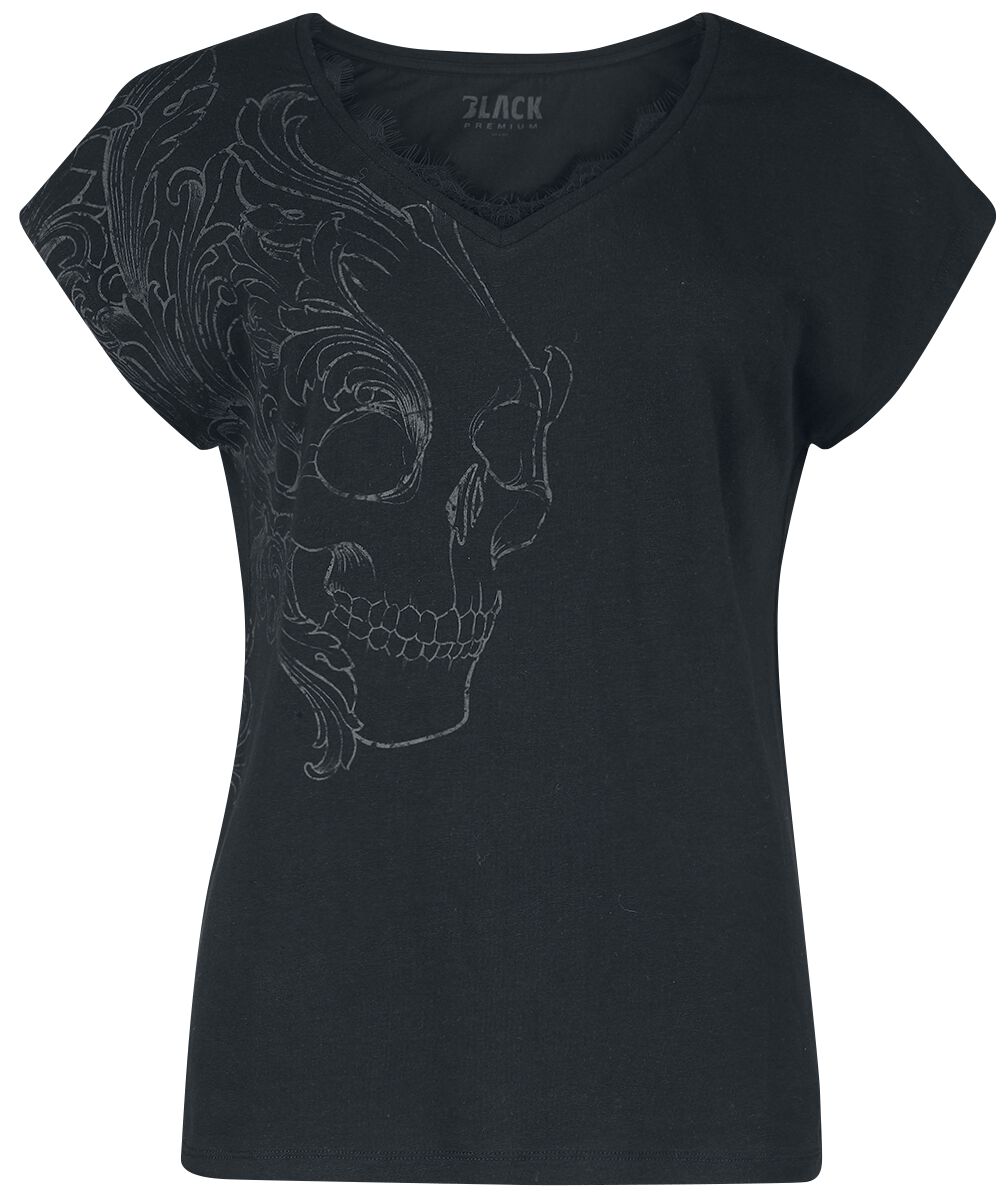 Black Premium by EMP T-Shirt - T-Shirt mit Totenkopf Print und Spitze - S bis 5XL - für Damen - Größe XL - schwarz von Black Premium by EMP