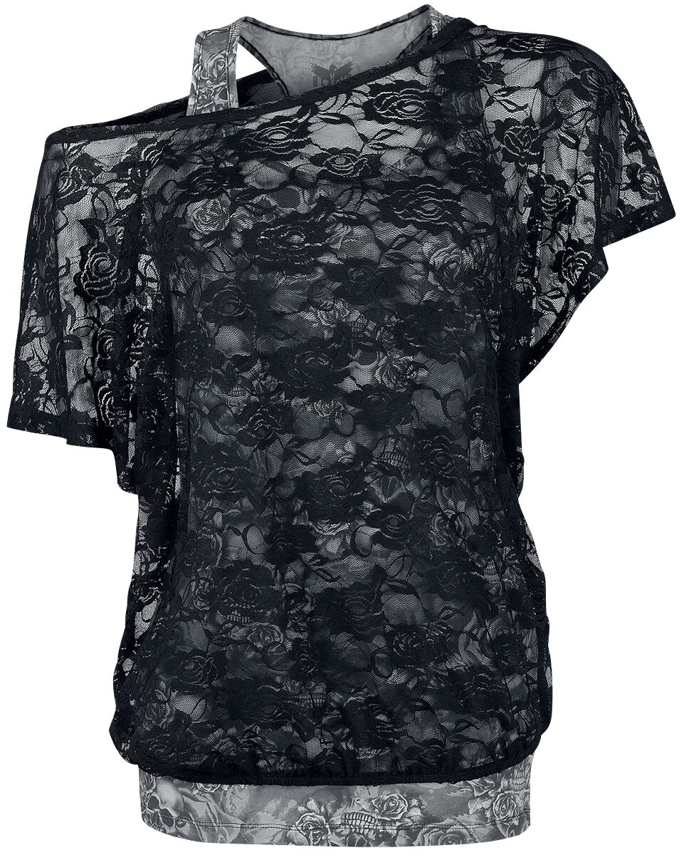 Black Premium by EMP T-Shirt - graues Top mit schwarzem Spitzen-Shirt - S bis 5XL - für Damen - Größe 3XL - schwarz/grau von Black Premium by EMP