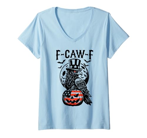 Damen F-Caw-F Lustige Schwarze Krähe Gothic Kürbis Erwachsene Humor T-Shirt mit V-Ausschnitt von Black Raven Bird Flag Pumpkin Halloween Gifts