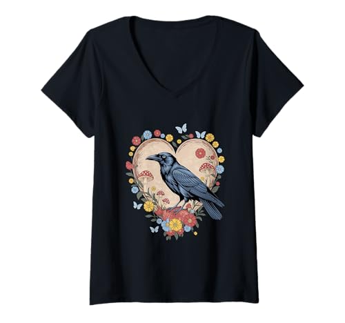 Damen Black Raven Cottagecore Herz Blume Krähe Natur Krähe T-Shirt mit V-Ausschnitt von Black Raven Cottagecore Cute Crow Shirts For Women