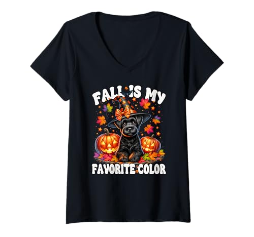Damen Cute Schnauzer Halloween Pumpkin Fall is My Favorite Color T-Shirt mit V-Ausschnitt von Black Schnauzer Gifts For Fall Halloween Lovers