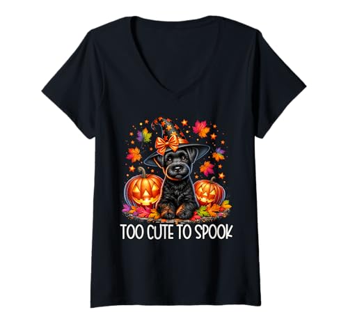 Damen Halloween Schnauzer is Too Cute to Spook Spooky Pumpkin Face T-Shirt mit V-Ausschnitt von Black Schnauzer Gifts For Fall Halloween Lovers
