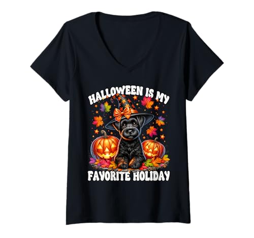 Damen Halloween is My Favorite Holiday Cute Halloween Schnauzer T-Shirt mit V-Ausschnitt von Black Schnauzer Gifts For Fall Halloween Lovers