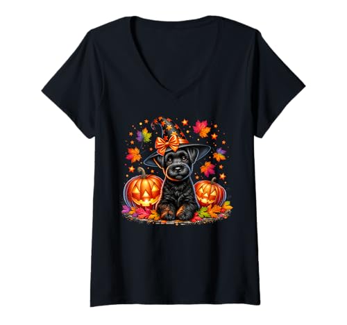 Damen Schnauzer Halloween and Fall Pumpkins for Schnauzer Mom T-Shirt mit V-Ausschnitt von Black Schnauzer Gifts For Fall Halloween Lovers