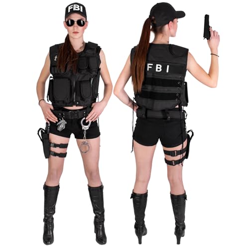 Black Snake® Damen Kostüm SWAT POLICE FBI SECURITY | Einsatzweste, Gürtel, Beinholster, Cap, Handschellen - FBI - XS/S von Black Snake