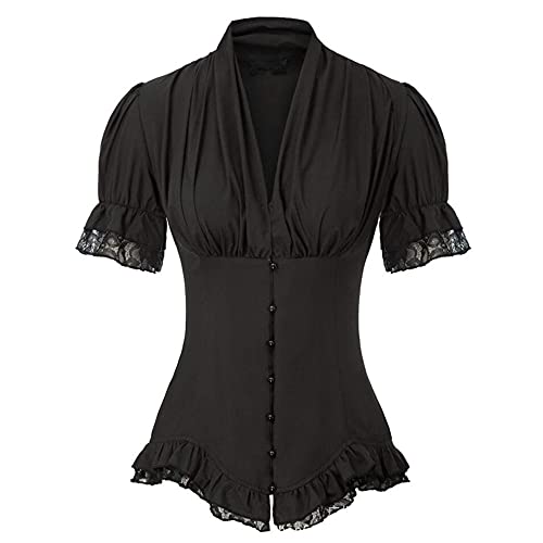 Black Sugar Bluse Slim Victorien Mittelalter Top Renaissance Damen Hemd T Shirt Pullover Retro Damen Weiß Schwarz Vintage, Schwarz , XXL von Black Sugar