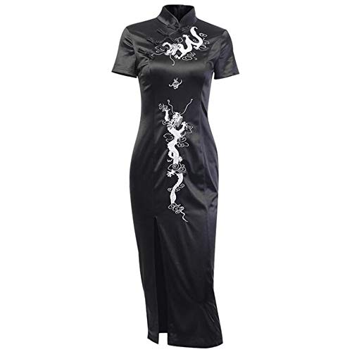 Black Sugar Damen Mädchen Schwarz Gothic Pink Rock Punk Träger Netz Kleid Emo Ring Cheongsam Qipao Drachen-Stickerei Lang Kimono, Schwarz , von Black Sugar