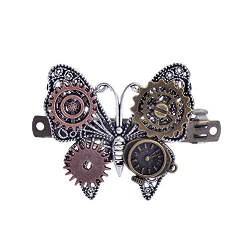 Black Sugar Haarspange, Haarklammern, Schmuck, für Damen, Mädchen, Steampunk, Gothic, Schmetterling, viktorianisches Retro, Uhr Gr. M, silber von Black Sugar