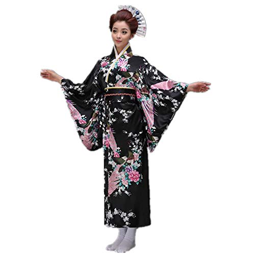 Black Sugar Kimono-Kleid, Damen, Mädchen, Japanisch, Cosplay, Fotografie, Pfau, Yukata, Satin, Geisha Gr. One size, Schwarz von Black Sugar