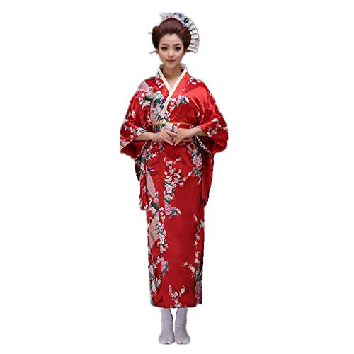 Black Sugar Kimono-Kleid, Damen, Mädchen, Japanisch, Cosplay, Fotografie, Pfau, Yukata, Satin, Geisha Gr. One size, rot von Black Sugar