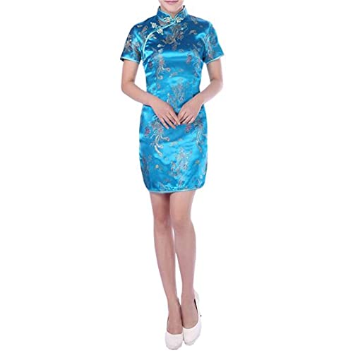 Black Sugar Qipao Kleid, kurz, lang, mit kleinen Ärmeln und Drachenmotiv, Brokat Cheongsam Tunika, blau, 5XL Taille Petite von Black Sugar