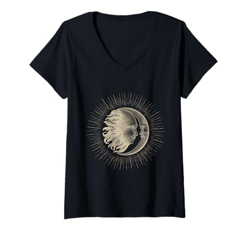 Damen Vintage Sun & Moon Astrologie Celestial Aesthetic T-Shirt mit V-Ausschnitt von Black Vintage Moon, Sun and Stars Design