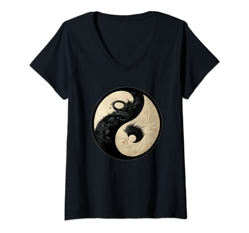 Damen Traditioneller schwarzer und weißer chinesischer Drache Kung Fu Yin Yang T-Shirt mit V-Ausschnitt von Black White Chinese Dragon Kung Fu Yin Yang