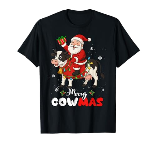Lustiger Weihnachtsmann reitende Kuh Geschenke für Herren Damen Kinder T-Shirt von Black White Family Cow Farm
