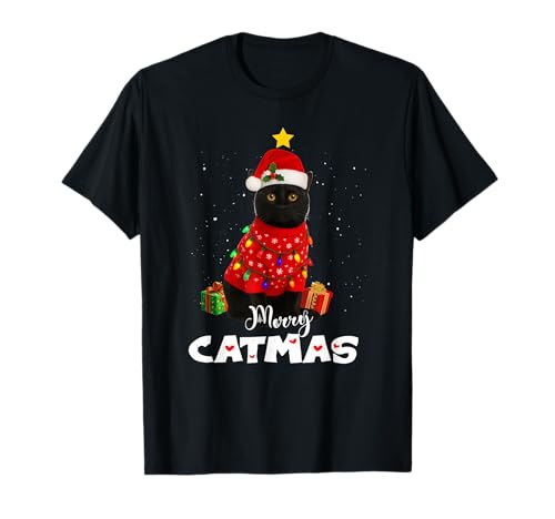 Merry Catmas Schwarze Katze Weihnachtsbaum Geschenke Kinder Mädchen Jungen T-Shirt von Black White Family Cow Farm