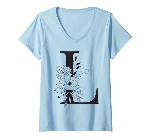 Damen Schöner schwarzer Buchstabe L Blumen Initiale Floral Monogramm T-Shirt mit V-Ausschnitt Damen Schöner schwarzer Buchstabe L Blumen Initiale Floral Monogramm T-Shirt mit V-Ausschnitt von Black White Monogram Home Décor