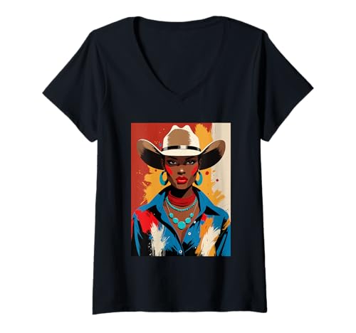 Damen Schwarze afrikanische Kunstmalerei Frau Cowgirl Rodeo T-Shirt mit V-Ausschnitt von Black Woman Cowgirl Painting Western Rodeo Art