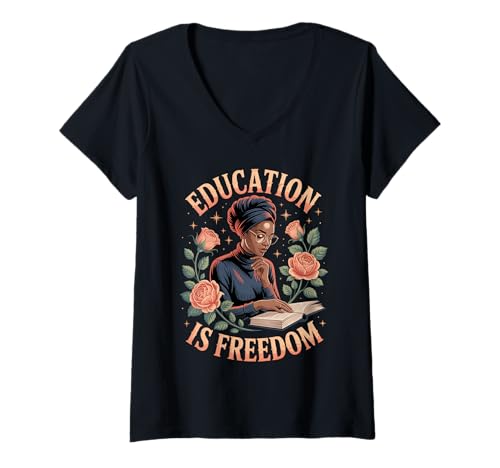 Damen Lustige Bildung ist EIN Freiheitsspruch, Blumenleser, Schwarze Frauen T-Shirt mit V-Ausschnitt von Black Woman Reading Feminine Scholar Garden Vibes
