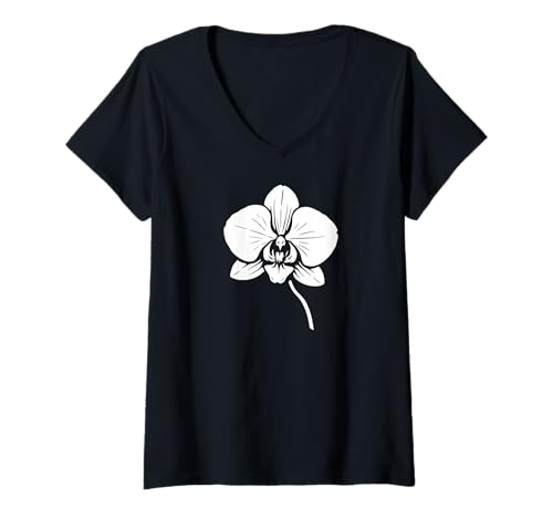 Damen Exquisite Elegante einfarbige Orchideenblütenformen Mania T-Shirt mit V-Ausschnitt von Black and White Stylish Flowers Shapes Mania
