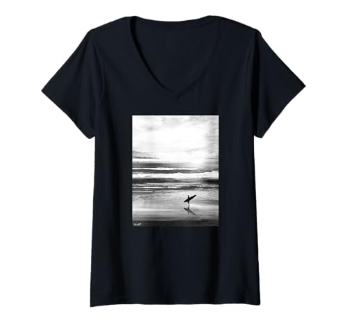 Damen Cooler Surf Dude At the Beach Schwarz-Weiß-Bild T-Shirt mit V-Ausschnitt von Black and White Surf Dude