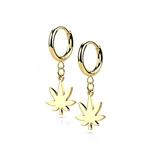 BlackAmazement 2er Set 316L Edelstahl Creolen Hinged Huggie 2,5mm Breite Dangle Kette Hanfblatt Weed Pot Leaf Ohrring Piercing schwarz silber rose gold Punk Herren Damen (Gold) von BlackAmazement