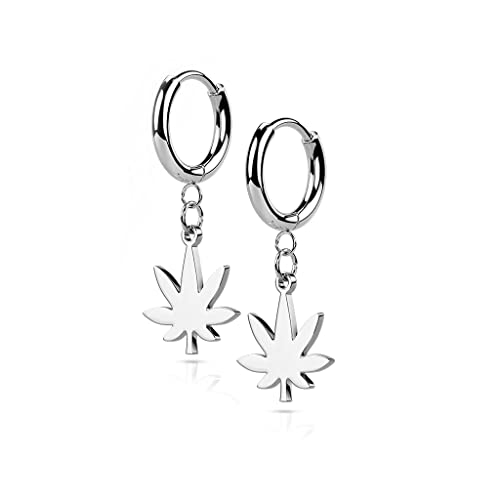 BlackAmazement 2er Set 316L Edelstahl Creolen Hinged Huggie 2,5mm Breite Dangle Kette Hanfblatt Weed Pot Leaf Ohrring Piercing schwarz silber rose gold Punk Herren Damen (Silber) von BlackAmazement