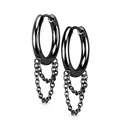 BlackAmazement 2er Set 316L Edelstahl Creolen Hinged Huggie 3mm Breite Dangle Doppelkette Kette Ohrring Piercing schwarz silber gold Gothic Biker Herren Damen (Schwarz) von BlackAmazement
