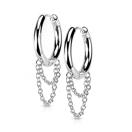 BlackAmazement 2er Set 316L Edelstahl Creolen Hinged Huggie 3mm Breite Dangle Doppelkette Kette Ohrring Piercing schwarz silber gold Gothic Biker Herren Damen (Silber) von BlackAmazement
