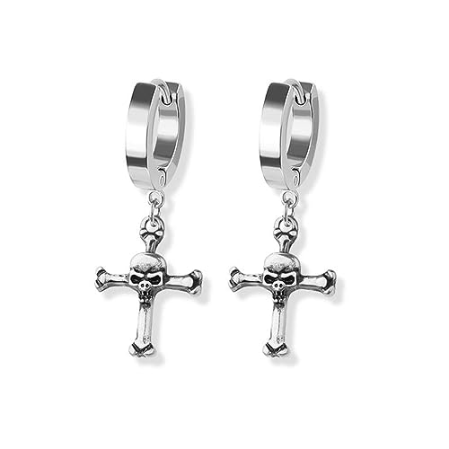 BlackAmazement 2er Set 316L Edelstahl Creolen Hinged Huggie 3mm Breite Dangle Kette Totenkopf Knochen Kreuz Ohrring Piercing schwarz gold Gothic Biker Herren Damen (Silber) von BlackAmazement