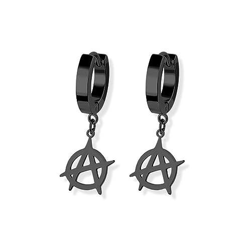BlackAmazement 2er Set 316L Edelstahl Creolen Hinged Huggie Dangle Kette Anarcho Zeichen Symbol Kreis-A Anarchie ist Ordnung Ohrring Piercing schwarz silber gold Punk Herren Damen (Schwarz) von BlackAmazement