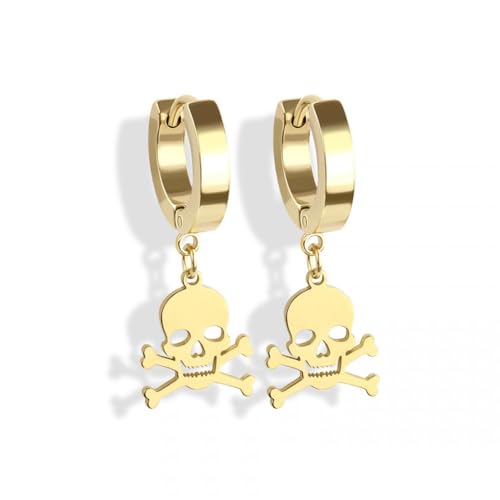 BlackAmazement 2er Set 316L Edelstahl Creolen Hinged Huggie Dangle Kette Crossbones Pirat gekreuzte Knochen Schädel Ohrring Piercing schwarz silber gold Biker Herren Damen (Gold) von BlackAmazement