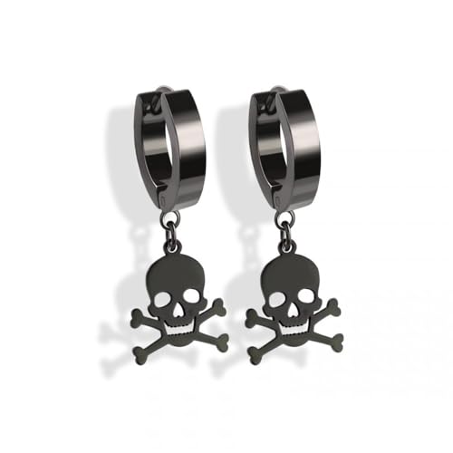 BlackAmazement 2er Set 316L Edelstahl Creolen Hinged Huggie Dangle Kette Crossbones Pirat gekreuzte Knochen Schädel Ohrring Piercing schwarz silber gold Biker Herren Damen (Schwarz) von BlackAmazement