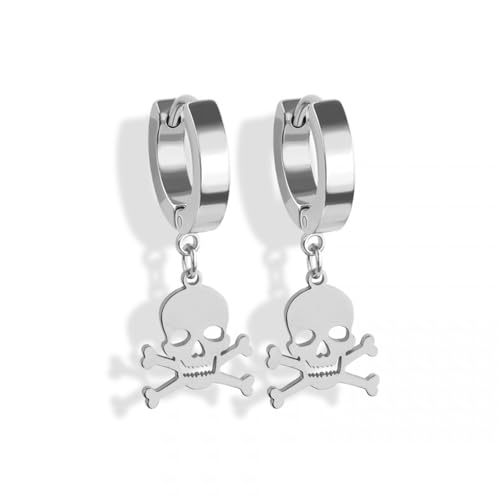BlackAmazement 2er Set 316L Edelstahl Creolen Hinged Huggie Dangle Kette Crossbones Pirat gekreuzte Knochen Schädel Ohrring Piercing schwarz silber gold Biker Herren Damen (Silber) von BlackAmazement
