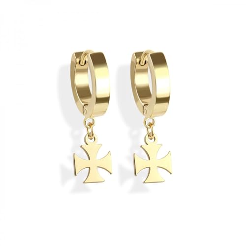 BlackAmazement 2er Set 316L Edelstahl Creolen Hinged Huggie Dangle Kette Kreuz Cross Templer Ohrring Piercing schwarz silber gold Biker Herren Damen (Gold) von BlackAmazement