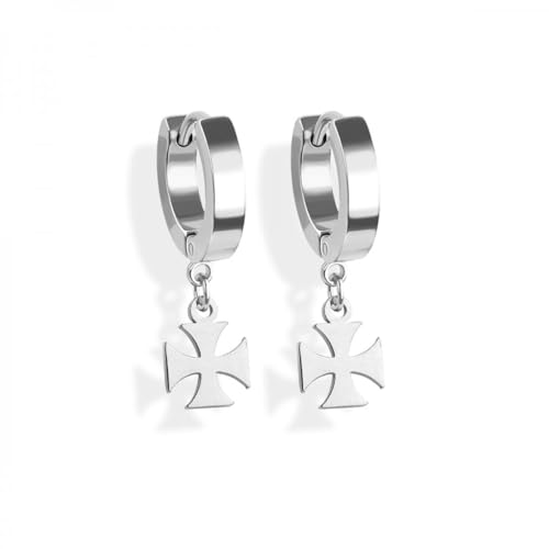 BlackAmazement 2er Set 316L Edelstahl Creolen Hinged Huggie Dangle Kette Kreuz Cross Templer Ohrring Piercing schwarz silber gold Biker Herren Damen (Silber) von BlackAmazement