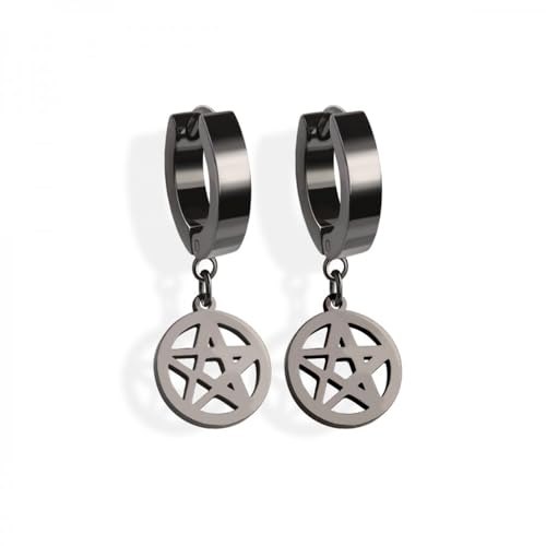 BlackAmazement 2er Set 316L Edelstahl Creolen Hinged Huggie Dangle Kette Pentagramm Stern Fünfstern Drudenfuß Pentakel Ohrring Piercing schwarz silber gold Biker Herren Damen (Schwarz) von BlackAmazement