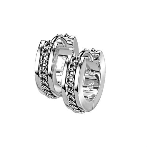 BlackAmazement 2er Set 316L Edelstahl Creolen Huggie 4mm Breite Chain Kette Ohrring Piercing schwarz silber gold Punk Biker Herren Damen (Silber) von BlackAmazement