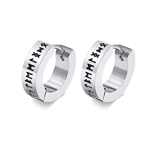 BlackAmazement 2er Set 316L Edelstahl Creolen Huggie Ohrring Piercing Runen geprägt Wikinger Kelten Schriftzeichen schwarz silber Biker Herren Damen (Silber) von BlackAmazement