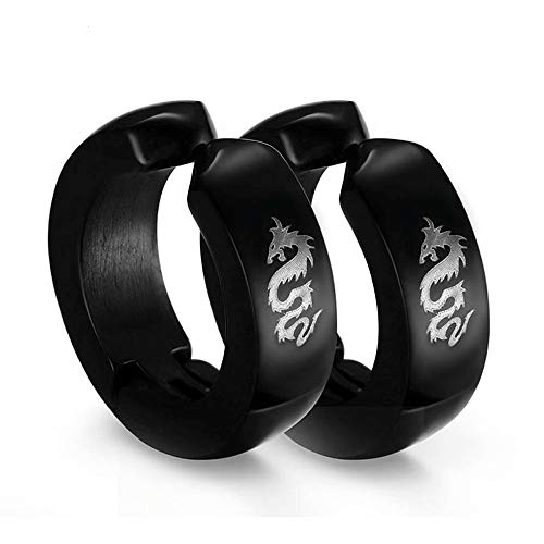 BlackAmazement 2er Set 316L Edelstahl Fake Klapp Creolen Ohne Loch Clip On Ohrringe Ohrclip Drache Lucky Dragon schwarz Damen Herren von BlackAmazement