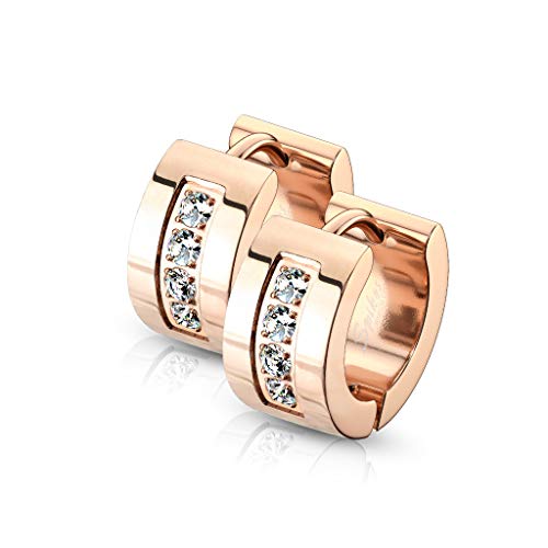 BlackAmazement 2er Set 316L Edelstahl Klapp Creolen CNC Set klare Zirkonia CZ Ohrringe silber rose gold schwarz Damen (Rosegold) von BlackAmazement