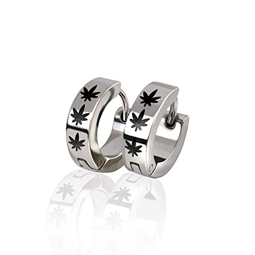 BlackAmazement 2er Set 316L Edelstahl Klapp Creolen Ohrringe 4mm Hanfblatt Pot Leaf Hemp Silber Schwarz Herren Damen (Silber) von BlackAmazement