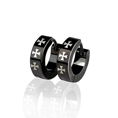 BlackAmazement 2er Set 316L Edelstahl Klapp Creolen Ohrringe Kreuz Cross Templer silber grün schwarz Biker Herren (Schwarz) von BlackAmazement