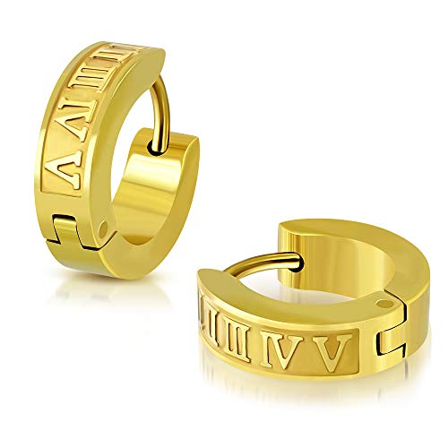 BlackAmazement 2er Set 316L Edelstahl Klapp Creolen Ohrringe Römische Zahlen gold Damen Herren von BlackAmazement