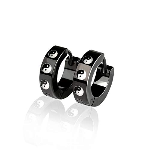 BlackAmazement 2er Set 316L Edelstahl Klapp Creolen Ohrringe Yin Yang Symbol Tajitu Silber Schwarz Damen Herren (Schwarz) von BlackAmazement